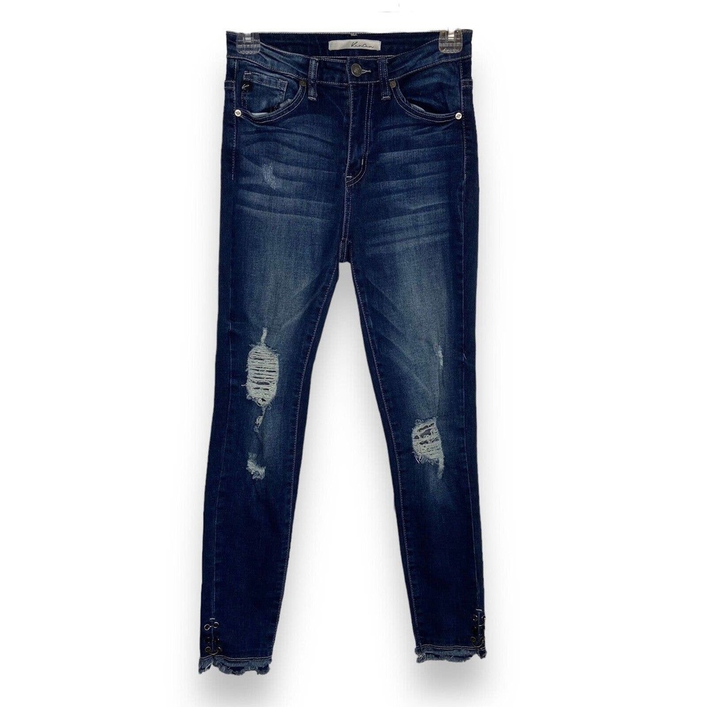Kancan Skinny Crop Ankle Jeans Size 5/26 Raw Hem Blue Dark Wash Distressed EUC